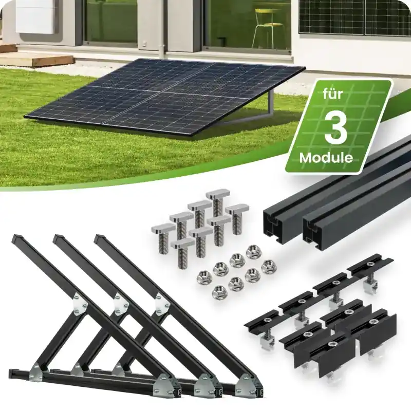 Schwarzes Flachdach- und Wand Montageset für 3 Module senkrechte Montage Photovoltaik Balkonkraftwerk Aufständerungsdreiecke - 30mm Sonderangebot