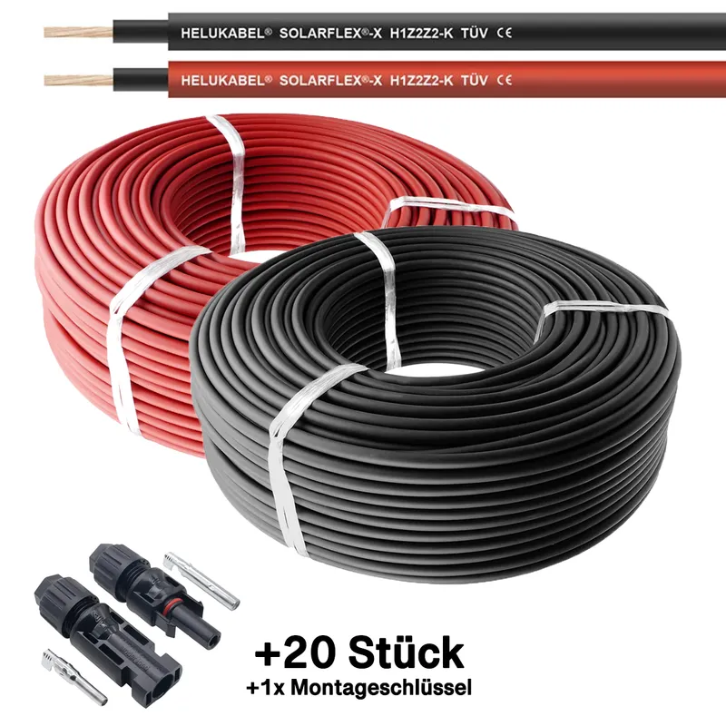 Preisreduziert 2er Pack rot + schwarz Solarkabel 4mm² - je 100m - UV-beständig, halogenfrei, flexibel ... inkl. 20x MC4 Solarstecker
