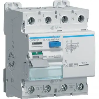 Hager CDB490E, FI-Schutzschalter, 10kA, 125A, 30mA, Typ B, 4-polig Echt