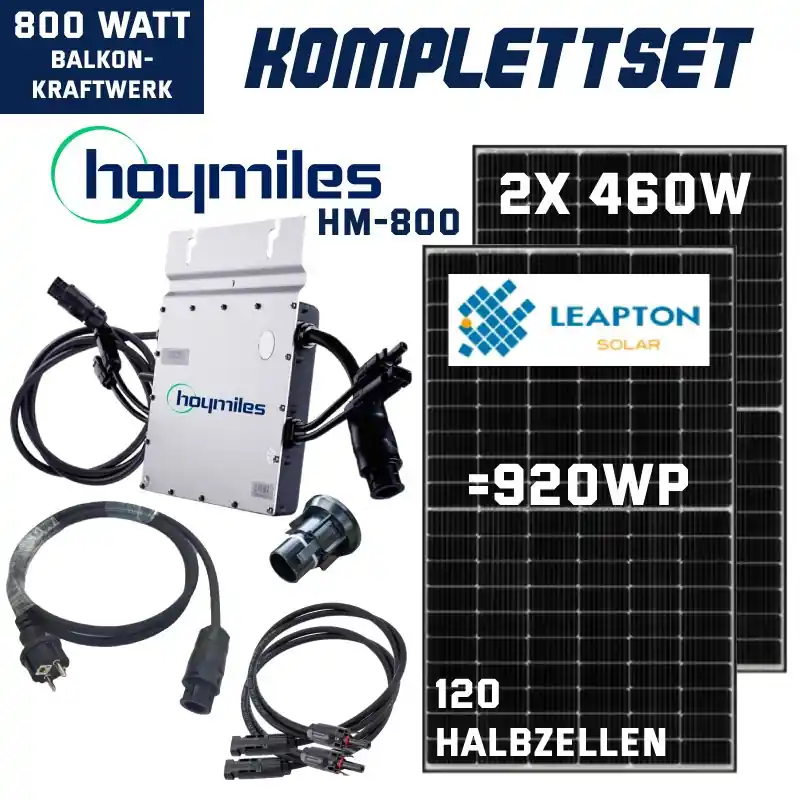 Exklusiv Balkonkraftwerk 800W Future Set 920Wp – LEAPTONHoymiles HM-800 + 2x 460W LEAPTON-Solarmodul