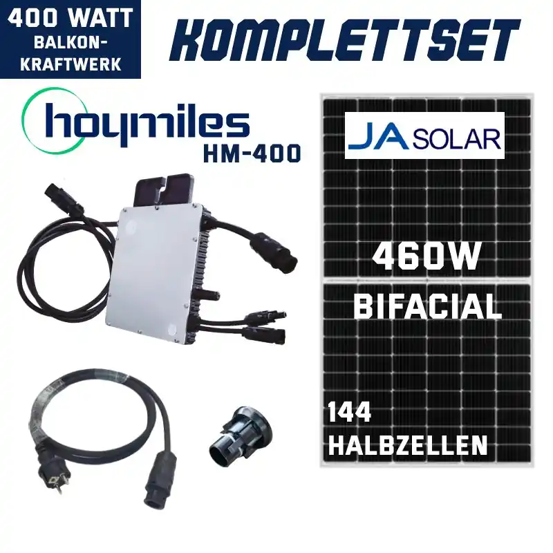 Aktuell Balkonkraftwerk 400W Single Set 460Wp – Bifacial Hoymiles HM-400 + 460W JA-Solarmodul Bifacial