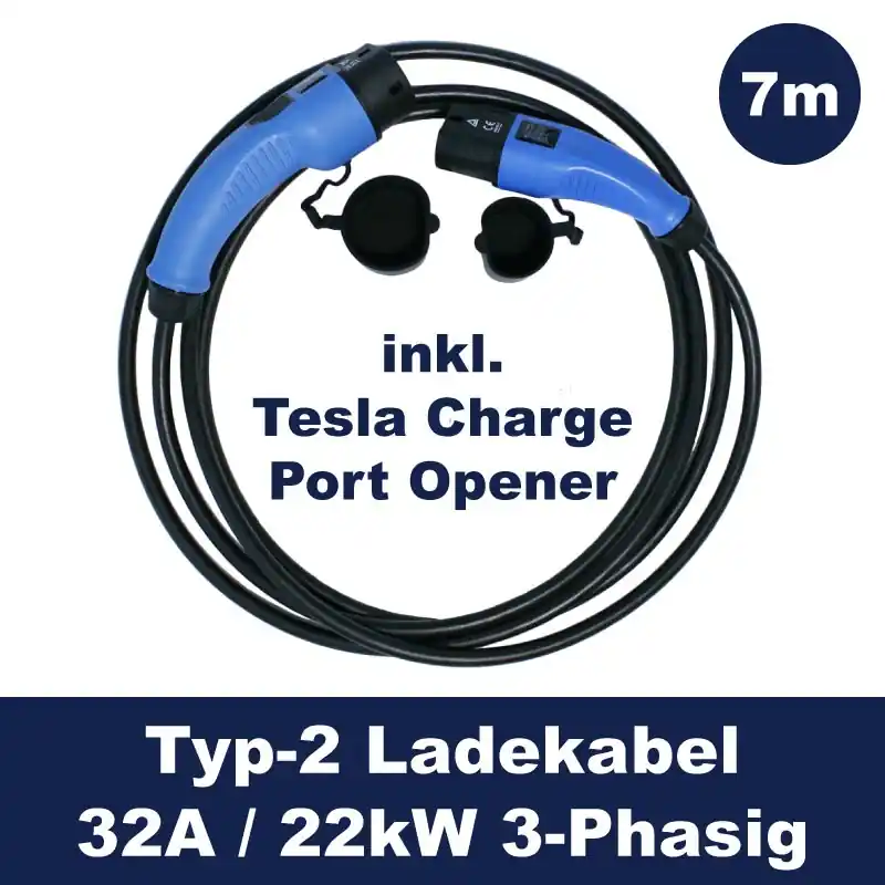 Schnäppchen Ladekabel Typ2 inkl. Tesla Charge Port Openener 32A – 22kW – 3-Phasig – 7m